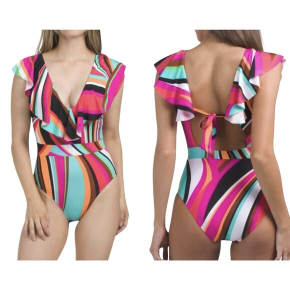 Trina Turk Other - NEW Trina Turk Ruffle Flutter Sleeve Plunge One Piece Swimsuit Colorful Size 10